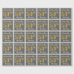 Elegant, Gray, Faux Gold 50th Birthday + Name Wrapping Paper