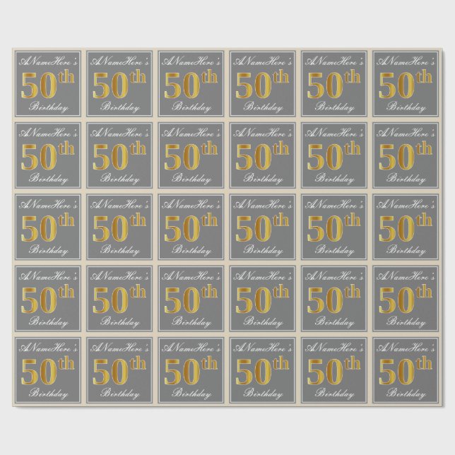 Elegant, Gray, Faux Gold 50th Birthday + Name Wrapping Paper (Flat)