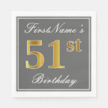 [ Thumbnail: Elegant Gray, Faux Gold 51st Birthday; Custom Name Napkin ]