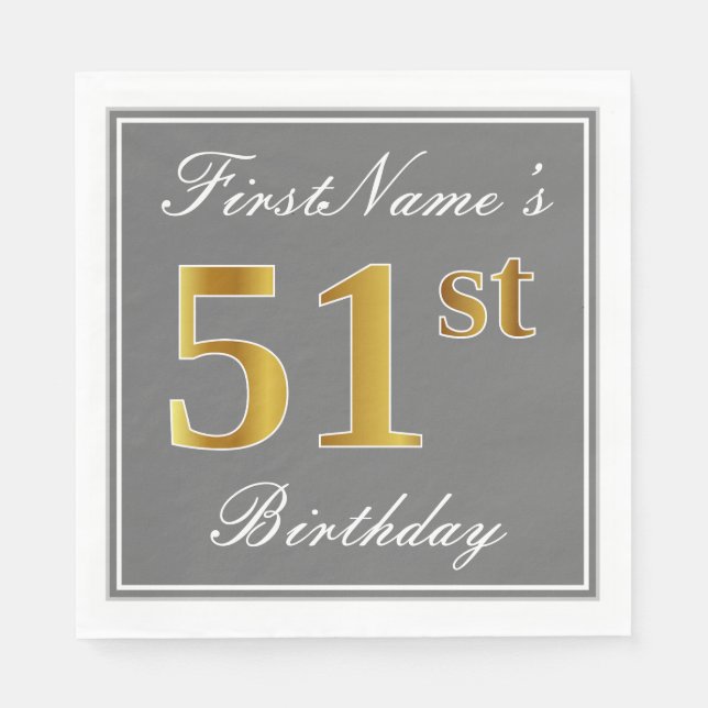 Elegant Gray, Faux Gold 51st Birthday; Custom Name Napkins (Front)