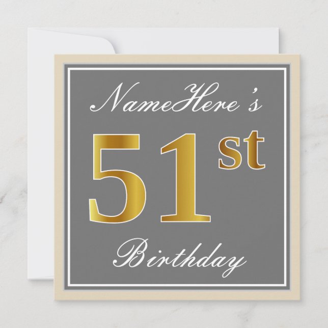 Elegant, Gray, Faux Gold 51st Birthday + Name Invitation (Front)