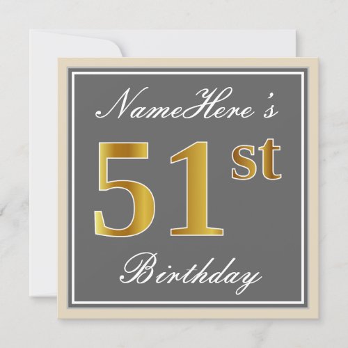 Elegant Gray Faux Gold 51st Birthday  Name Invitation