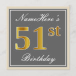 [ Thumbnail: Elegant, Gray, Faux Gold 51st Birthday + Name Invitation ]