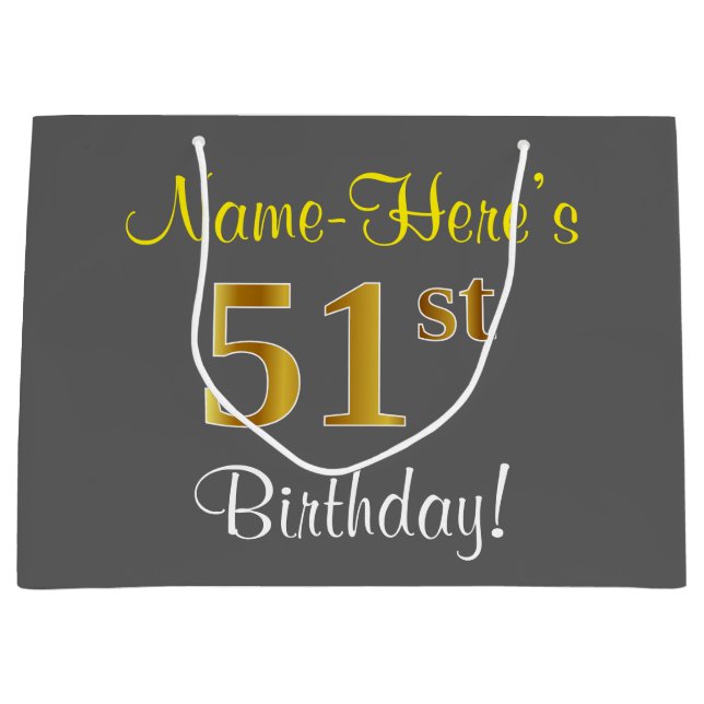 Elegant, Gray, Faux Gold 51st Birthday + Name Large Gift Bag (Front)