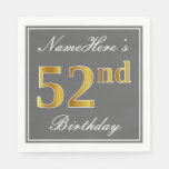 [ Thumbnail: Elegant Gray, Faux Gold 52nd Birthday; Custom Name Napkins ]