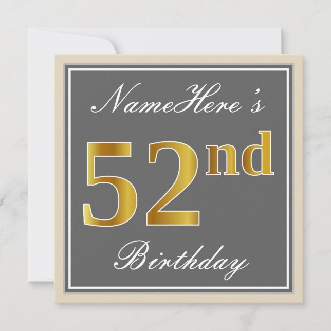 Elegant, Gray, Faux Gold 52nd Birthday + Name Invitation (Front)