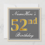 [ Thumbnail: Elegant, Gray, Faux Gold 52nd Birthday + Name Invitation ]