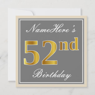 Elegant, Gray, Faux Gold 52nd Birthday + Name Invitation
