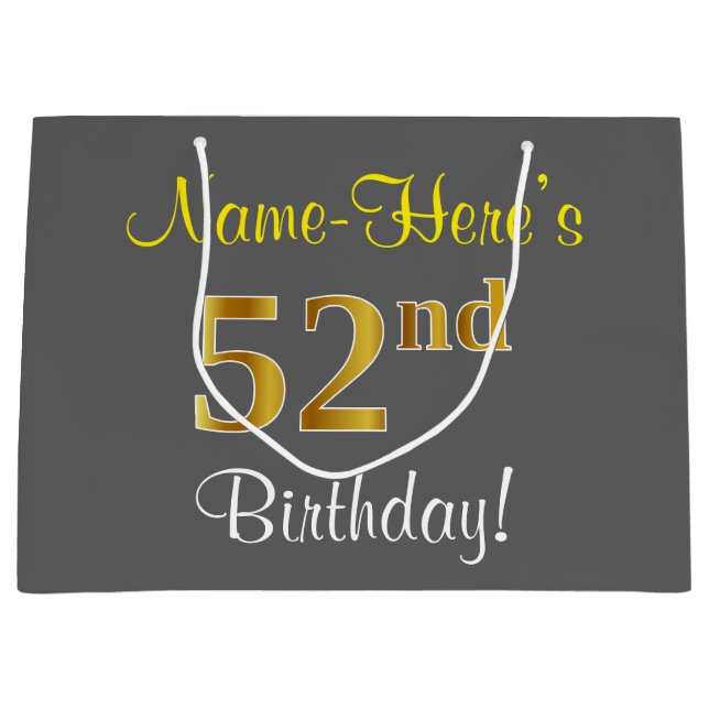 Elegant, Gray, Faux Gold 52nd Birthday + Name Large Gift Bag (Front)