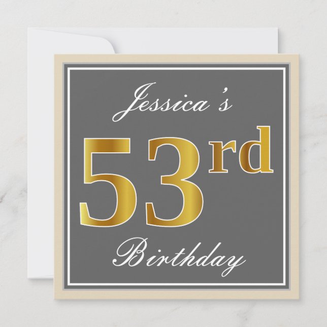 Elegant, Gray, Faux Gold 53rd Birthday + Name Invitation (Front)