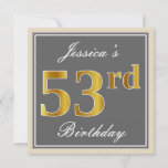[ Thumbnail: Elegant, Gray, Faux Gold 53rd Birthday + Name Invitation ]