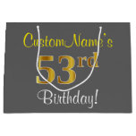 [ Thumbnail: Elegant, Gray, Faux Gold 53rd Birthday + Name Gift Bag ]