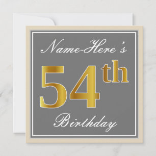 Elegant, Gray, Faux Gold 54th Birthday + Name Invitation