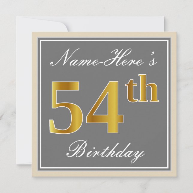 Elegant, Gray, Faux Gold 54th Birthday + Name Invitation (Front)