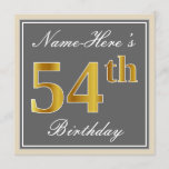 [ Thumbnail: Elegant, Gray, Faux Gold 54th Birthday + Name Invitation ]
