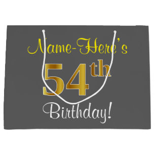 Elegant, Gray, Faux Gold 54th Birthday + Name Large Gift Bag