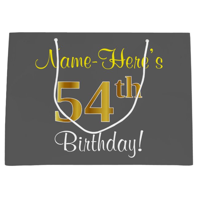 Elegant, Gray, Faux Gold 54th Birthday + Name Large Gift Bag (Front)