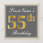 [ Thumbnail: Elegant, Gray, Faux Gold 55th Birthday + Name Invitation ]