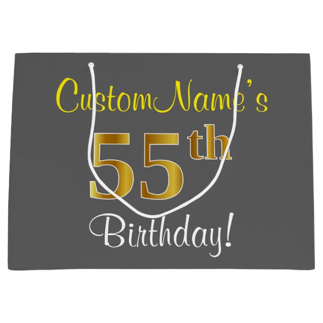 Elegant, Gray, Faux Gold 55th Birthday + Name Large Gift Bag (Front)