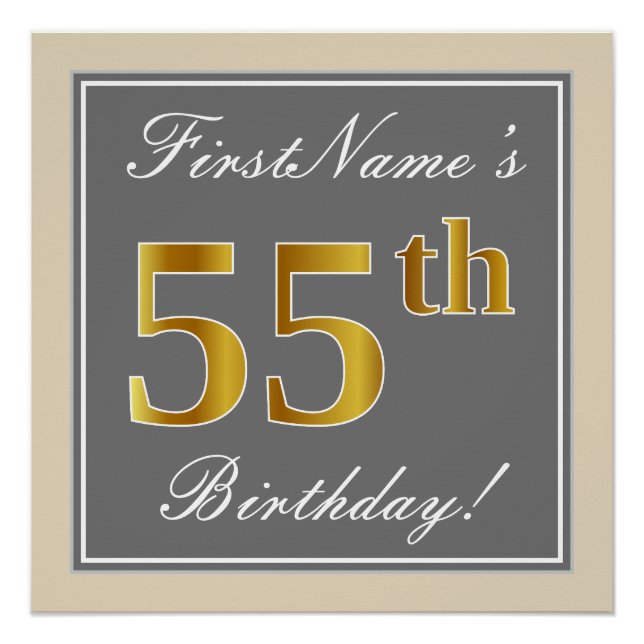 Elegant, Gray, Faux Gold 55th Birthday + Name Poster (Front)