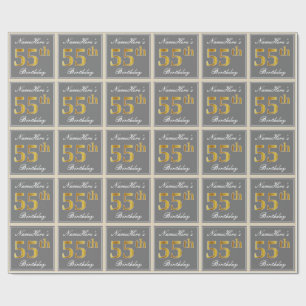 Elegant, Gray, Faux Gold 55th Birthday + Name Wrapping Paper