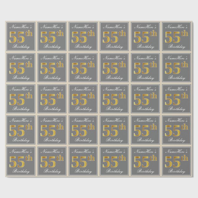 Elegant, Gray, Faux Gold 55th Birthday + Name Wrapping Paper (Flat)