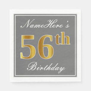 Elegant Gray, Faux Gold 56th Birthday; Custom Name Napkins