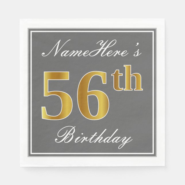 Elegant Gray, Faux Gold 56th Birthday; Custom Name Napkins (Front)