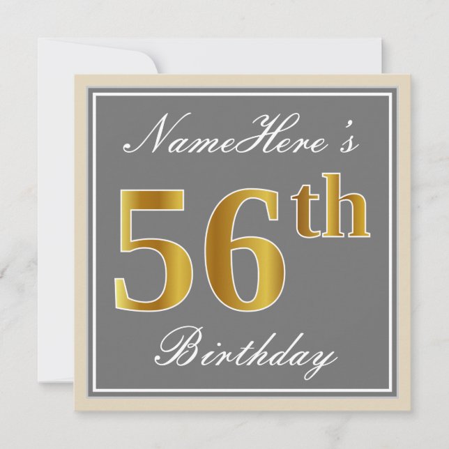 Elegant, Gray, Faux Gold 56th Birthday + Name Invitation (Front)