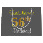 [ Thumbnail: Elegant, Gray, Faux Gold 56th Birthday + Name Gift Bag ]