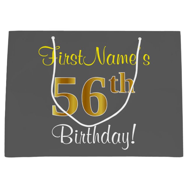 Elegant, Gray, Faux Gold 56th Birthday + Name Large Gift Bag (Front)