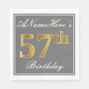 Elegant Gray, Faux Gold 57th Birthday; Custom Name Napkins