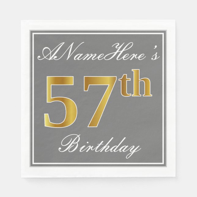 Elegant Gray, Faux Gold 57th Birthday; Custom Name Napkins (Front)