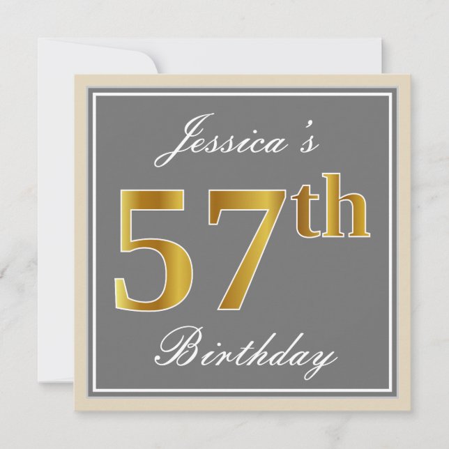 Elegant, Gray, Faux Gold 57th Birthday + Name Invitation (Front)