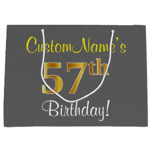 Elegant, Gray, Faux Gold 57th Birthday + Name Large Gift Bag