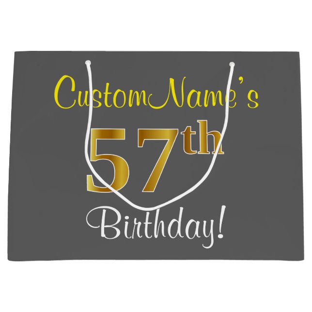 Elegant, Gray, Faux Gold 57th Birthday + Name Large Gift Bag (Front)