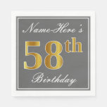 [ Thumbnail: Elegant Gray, Faux Gold 58th Birthday; Custom Name Napkins ]