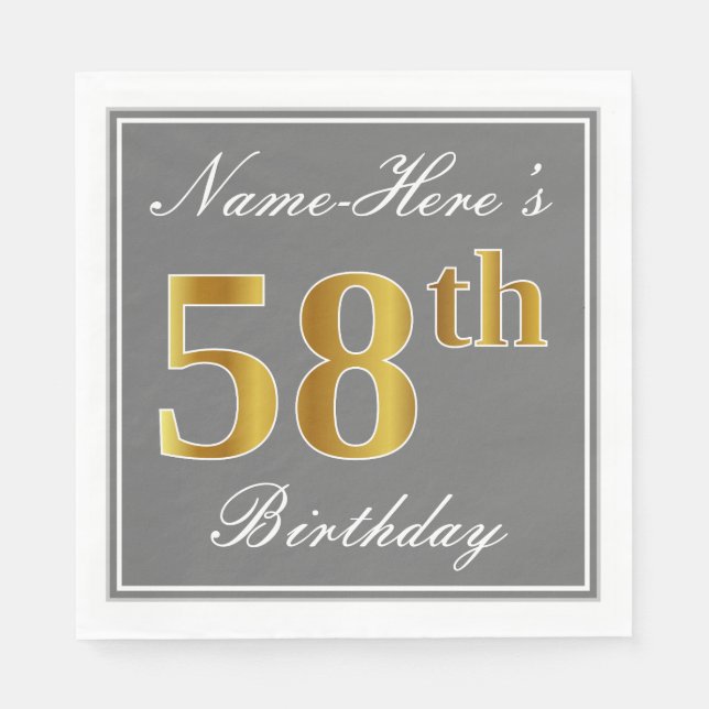 Elegant Gray, Faux Gold 58th Birthday; Custom Name Napkins (Front)
