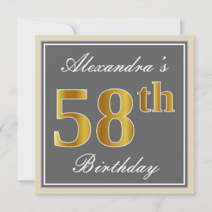 Elegant, Gray, Faux Gold 58th Birthday + Name Invitation