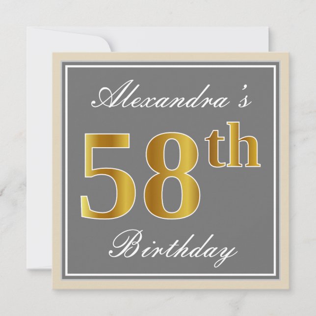 Elegant, Gray, Faux Gold 58th Birthday + Name Invitation (Front)