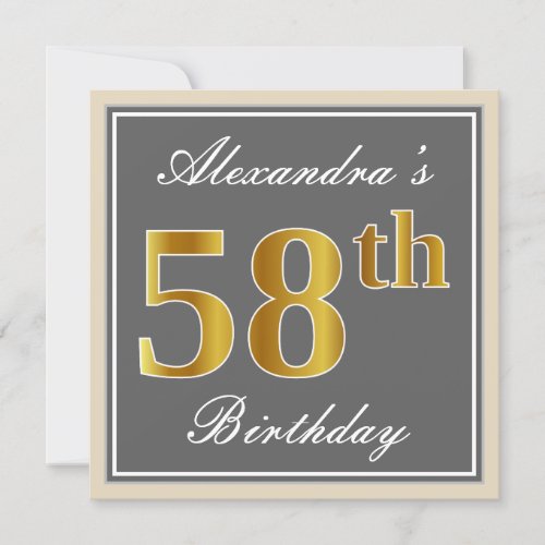 Elegant Gray Faux Gold 58th Birthday  Name Invitation