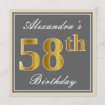 [ Thumbnail: Elegant, Gray, Faux Gold 58th Birthday + Name Invitation ]