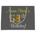 [ Thumbnail: Elegant, Gray, Faux Gold 58th Birthday + Name Gift Bag ]