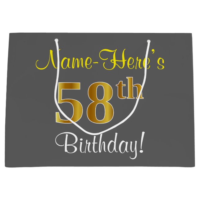 Elegant, Gray, Faux Gold 58th Birthday + Name Large Gift Bag (Front)