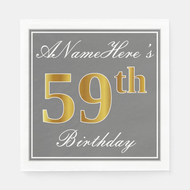 Elegant Gray, Faux Gold 59th Birthday; Custom Name Napkins (Front)