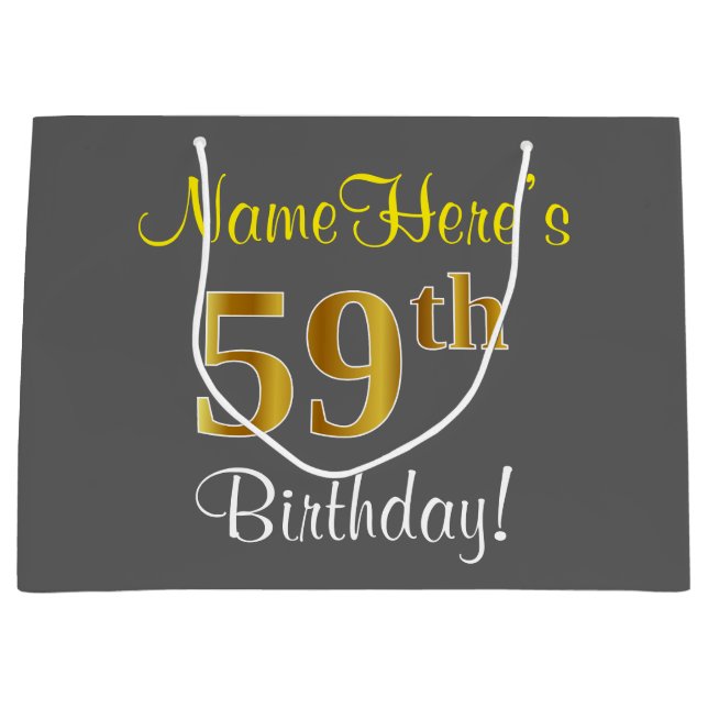 Elegant, Gray, Faux Gold 59th Birthday + Name Large Gift Bag (Front)