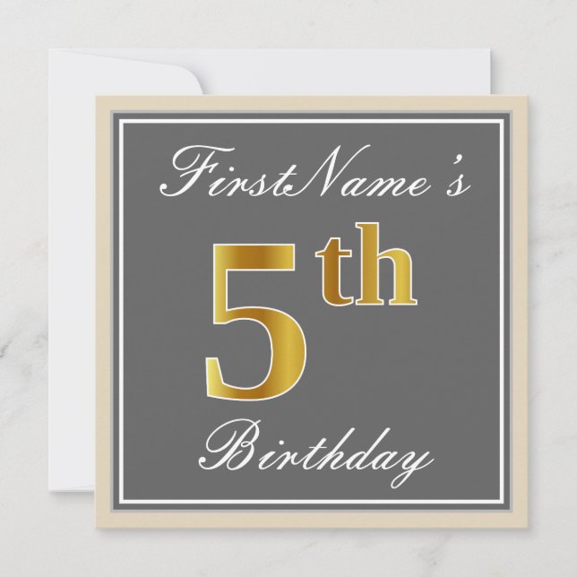 Elegant, Gray, Faux Gold 5th Birthday; Custom Name Invitation (Front)