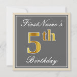 [ Thumbnail: Elegant, Gray, Faux Gold 5th Birthday; Custom Name Invitation ]