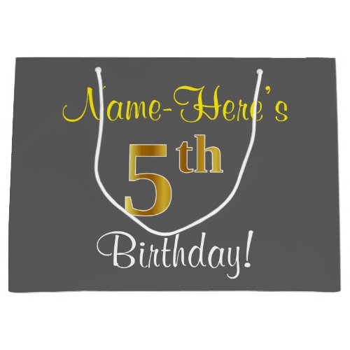 Elegant Gray Faux Gold 5th Birthday Custom Name Large Gift Bag