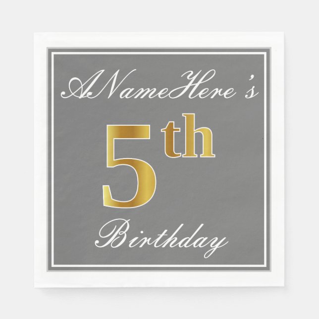 Elegant Gray, Faux Gold 5th Birthday + Custom Name Napkins (Front)